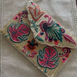Embellished Floral Sequin Clutch - Pink & Gold
